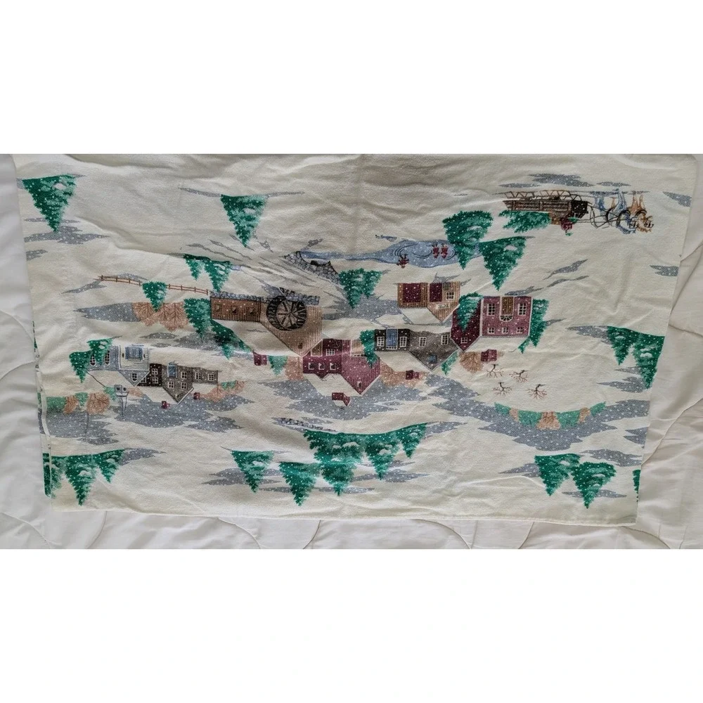 Vintage Winter Village Flannel Pillowcase Set Christmas Snowy Sleigh Farmhouse